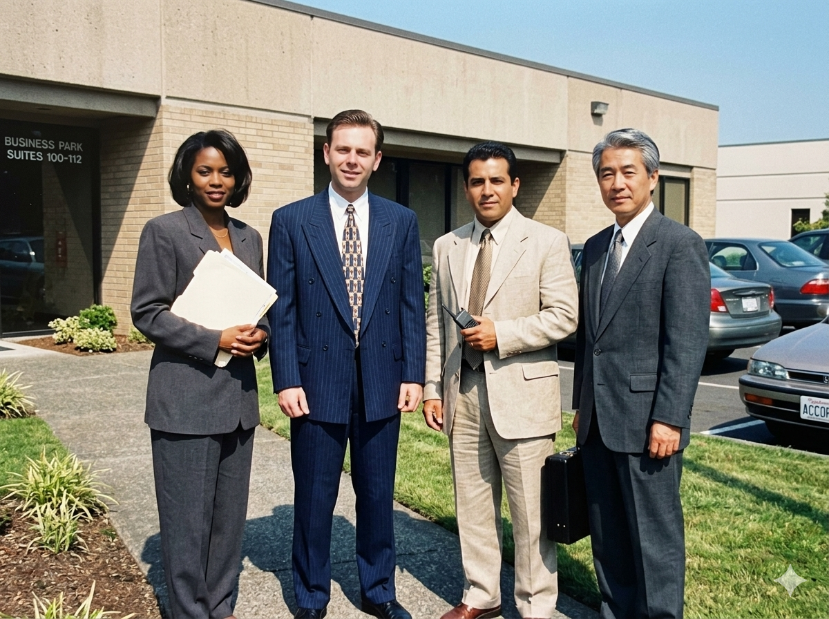 The Blue Ribbon Trading Cards leadership team standing outside Suites 100-112 at Northgate Business Park, Beaverton, OR - Summer 1997.