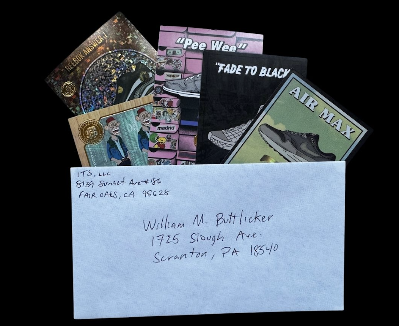 Sample contents of a Blue Ribbon free pack — four cards alongside the plain white envelope they ship in