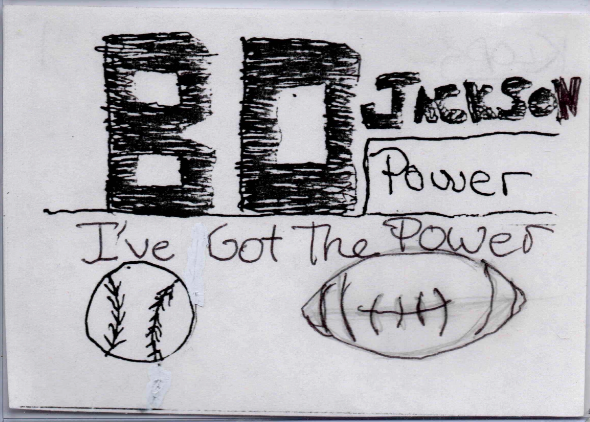 Hand-drawn Klops card of Bo Jackson, c. 1989 - 'Bo Jackson / Power / I've Got the Power'