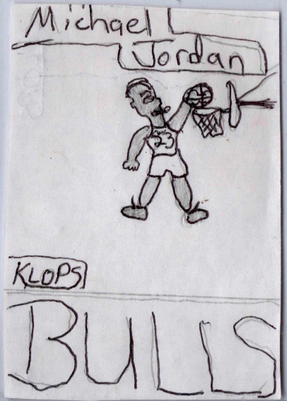 Hand-drawn Klops Bulls card of Michael Jordan, c. 1990