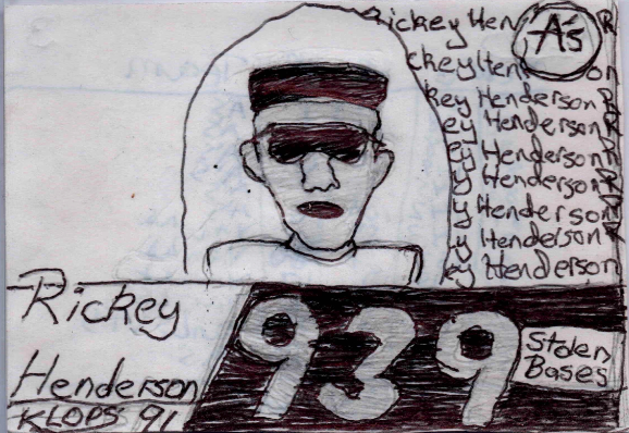 Hand-drawn Klops card of Rickey Henderson, c. 1991 - '939 Stolen Bases'