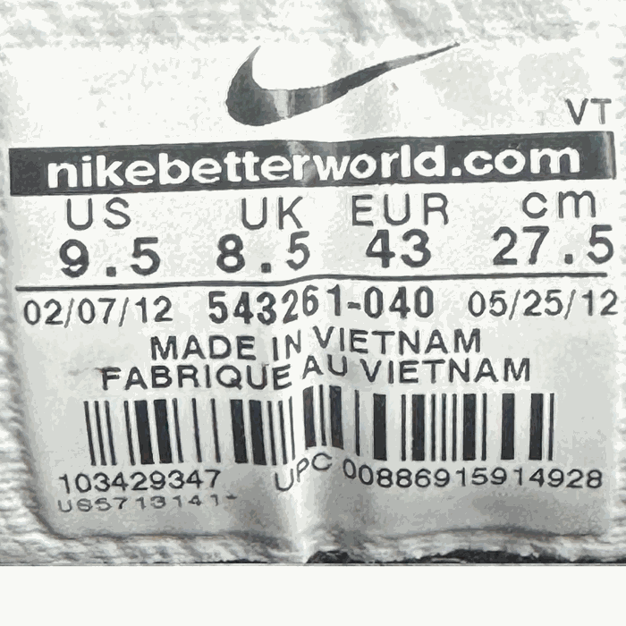 Nike size tag from 2012 with barcode, style code 543261-040, factory code VT, Made in Vietnam